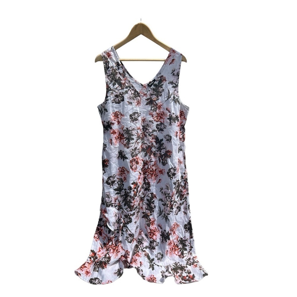 Lord + Taylor White Pink 100% Linen Floral Sleeveless Midi Maxi Dress